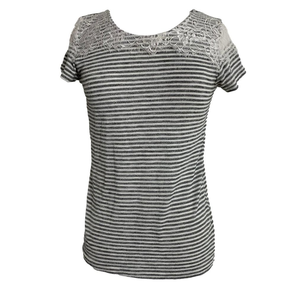 Just One Womens Shirt T Size Large Gray White Stripe Lace